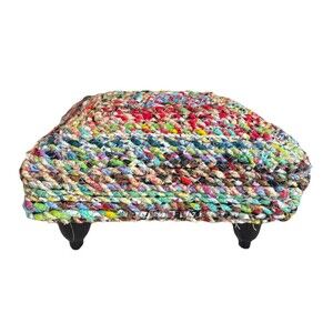 Handmade Twisted Fabric Scraps   Repurposed Foot Stool Rainbow of Colors 14x14x6